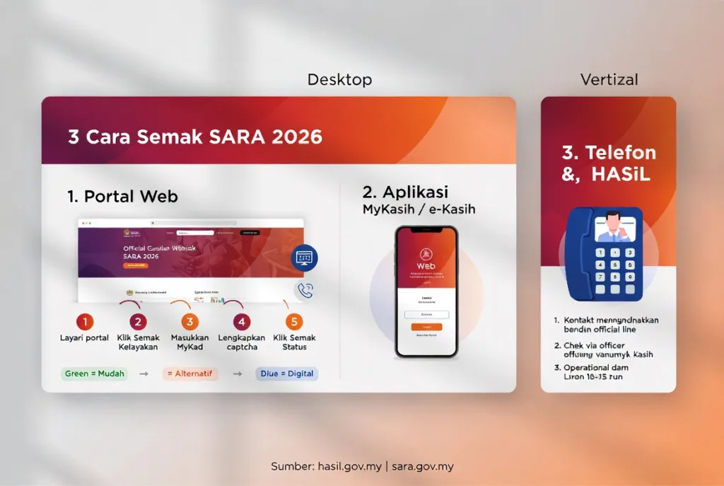 Infografik 3 cara semak SARA 2026 melalui portal web, aplikasi MyKasih dan telefon HASiL dengan langkah semakan lengkap