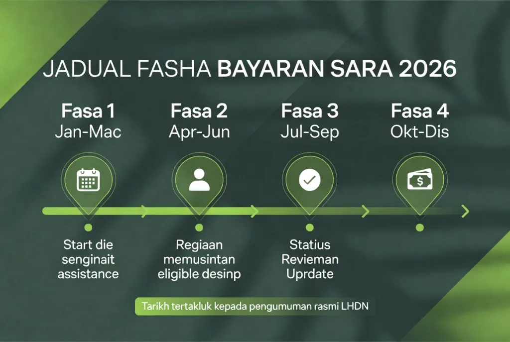 Infografik jadual fasa bayaran SARA 2026 dari Januari hingga Disember dengan garis masa empat fasa dan nota rasmi LHDN