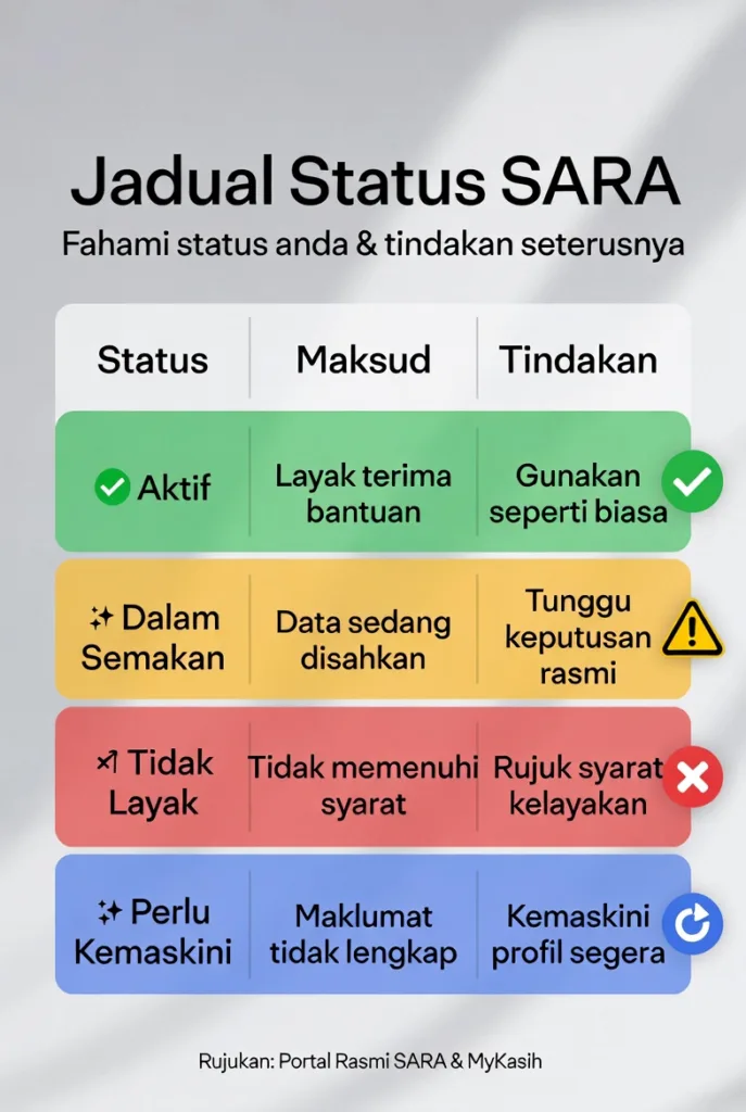 Infografik jadual status SARA dengan maksud dan tindakan termasuk aktif, dalam semakan, ditangguh dan tidak layak