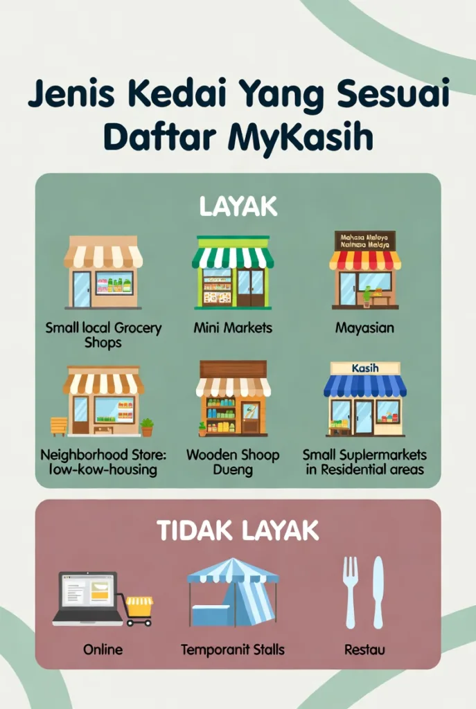 Jenis kedai yang layak daftar MyKasih seperti kedai runcit, mini market dan pasaraya kecil serta senarai kedai tidak layak seperti kedai online dan gerai tanpa premis