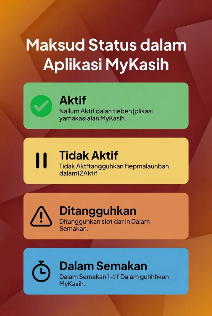 Infografik maksud status dalam aplikasi MyKasih termasuk aktif, tidak aktif, ditangguhkan, ditamatkan dan dalam semakan dengan kod warna