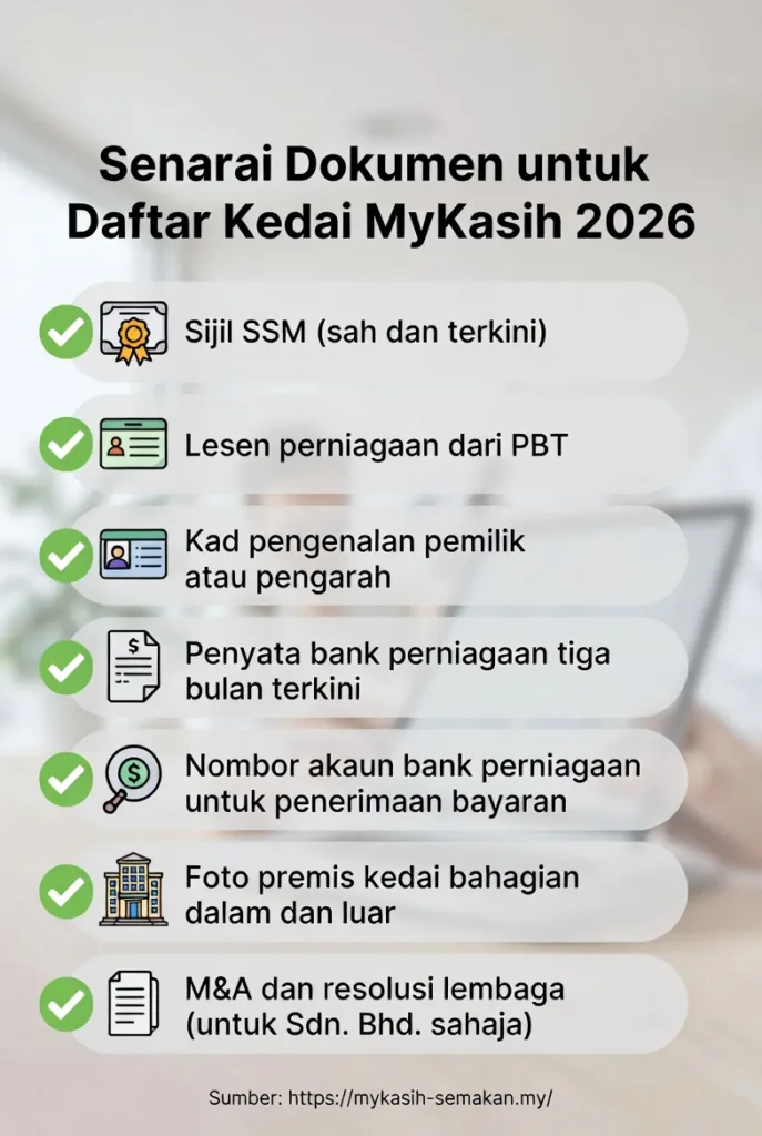 Senarai Dokumen Daftar Kedai MyKasih 2026 - Infografik lengkap syarat pendaftaran kedai MyKasih termasuk sijil SSM, lesen PBT, kad pengenalan, penyata bank, foto premis dan dokumen Sdn Bhd. Panduan lengkap untuk peniaga yang ingin menyertai program MyKasih 2026.