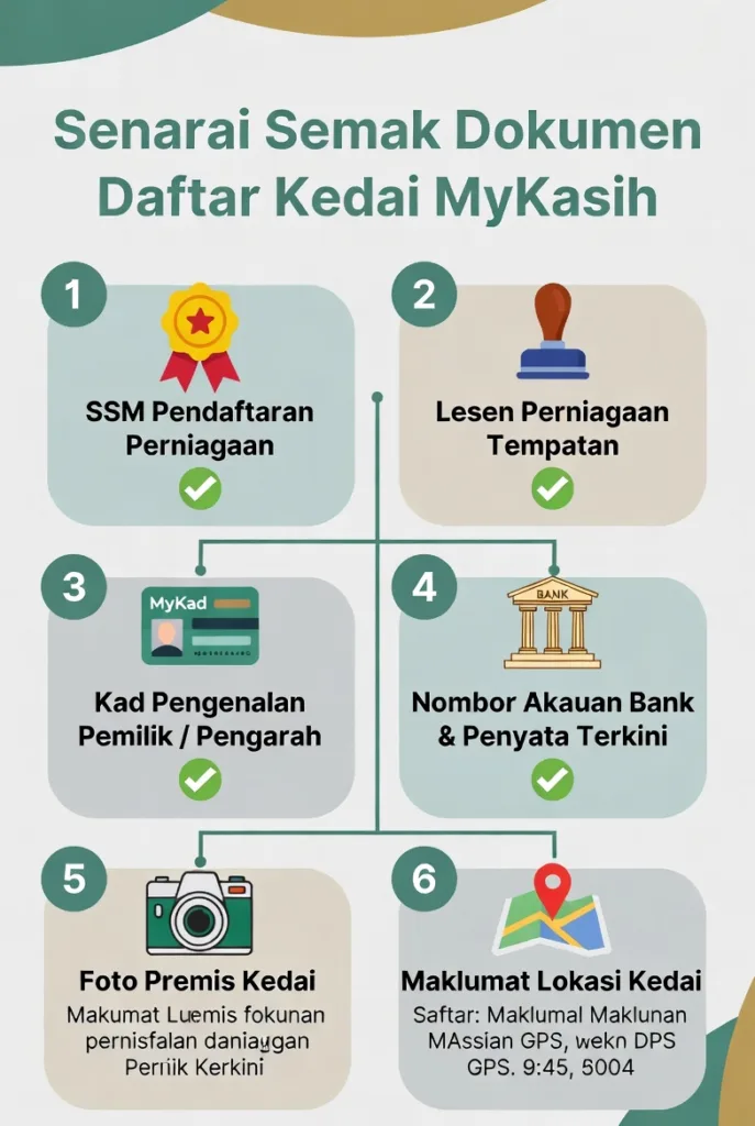 Senarai semak dokumen untuk daftar kedai MyKasih termasuk sijil SSM, lesen perniagaan, kad pengenalan pemilik, akaun bank, foto premis, dan lokasi kedai