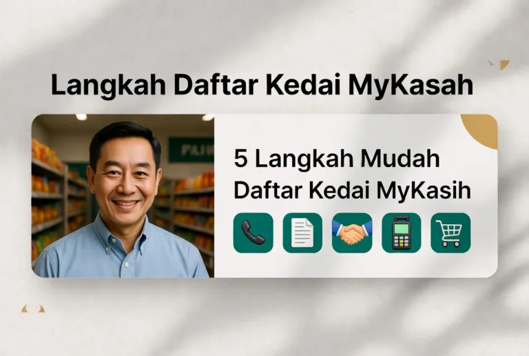 Thumbnail langkah daftar kedai MyKasih menunjukkan 5 langkah mudah untuk jadi merchant termasuk hubungi, dokumen dan pemasangan terminal © mykasih-semakan.my
