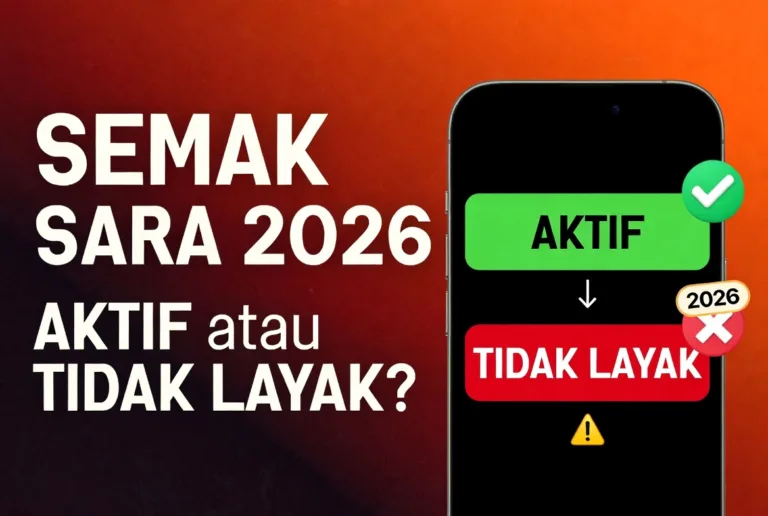 Thumbnail semak kelayakan SARA 2026 menunjukkan status aktif atau tidak layak dengan warna hijau dan merah