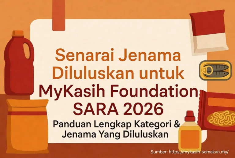 Thumbnail Senarai Jenama Diluluskan untuk MyKasih Foundation SARA 2026 - Infografik lengkap kategori barangan dan jenama yang dibenarkan dalam program SARA MyKasih tahun 2026